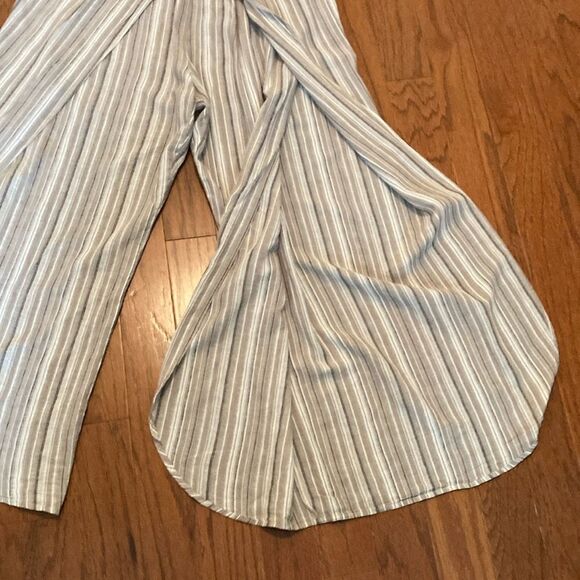 MIMI CHICA L Linen Blend TIE UP shoulder Striped Wide Leg Slit Leg Jumper - Picture 11 of 13